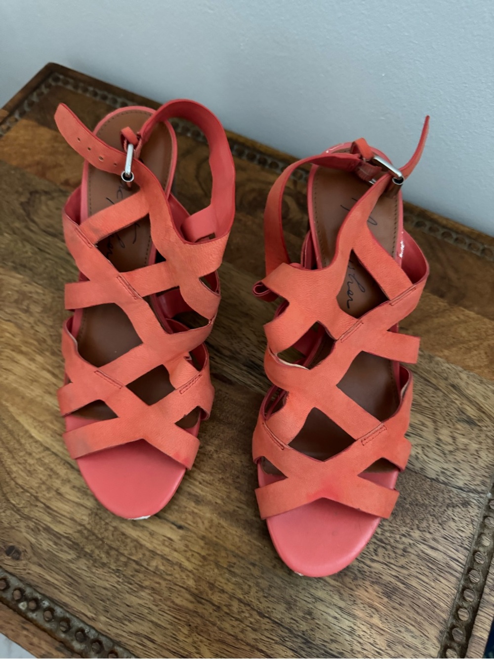 Marc Fisher Coral-Orange Strappy Block Heel Sandals